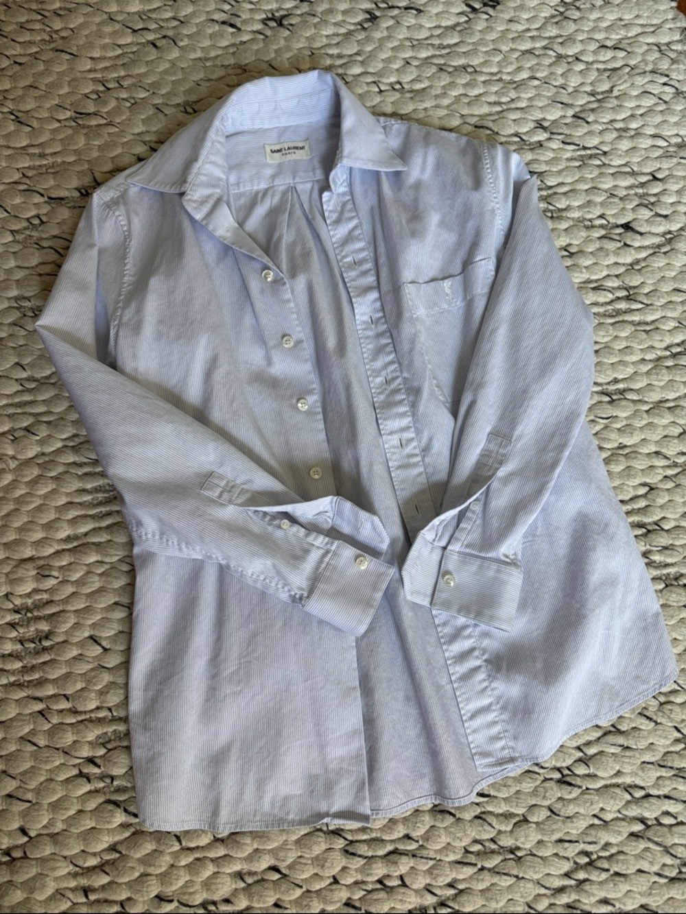 Saint Laurent Pale Blue Striped Cotton Button-Up Shirt